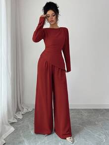 SHEIN Raffinéa Bộ 2 áo thun tay dài màu trơn viền gấp bất đối xứng cho nữ - Rỉ Nâu - Xem 4
