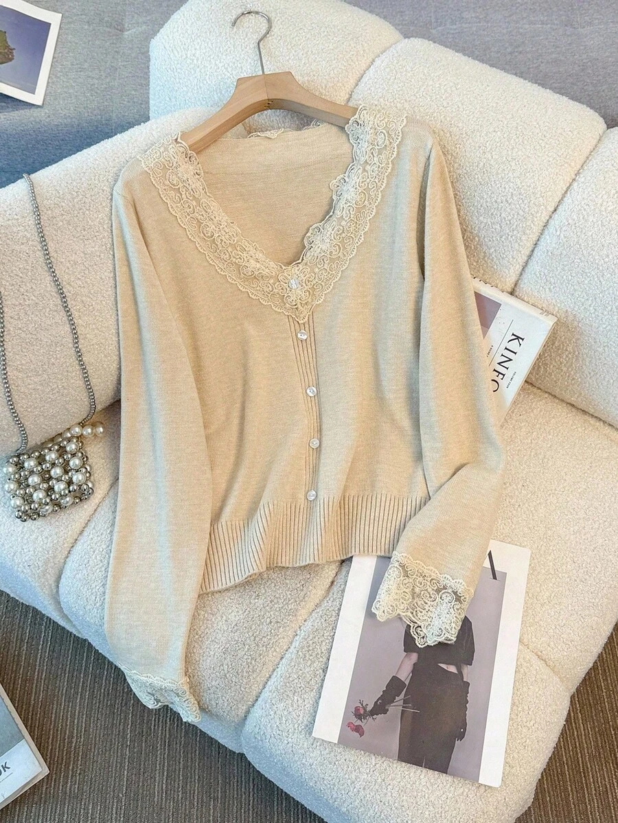 GlowEve CURVE Plus Size Women Autumn Contrast Lace Ruffle Trim Single-Breasted Elegant Knit Cardigan Fall Winter Cloth For Women - Apricot - View 1
