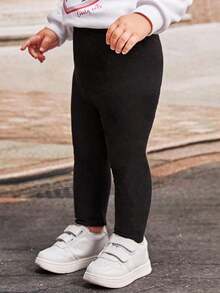 SHEIN Young Girls Thermal Lined Black Knit Leggings, Casual Daily Fashion Versatile Outer Wear Fall Winter - Black - View 4
