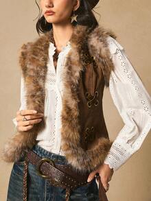 Easelle Veste sans manches vintage avec col en fourrure, laçage à œillets, style nomade. Gilet en fourrure pour femmes, vêtements western, Top en fourrure, hauts western pour l'automne/l'hiver - Tabac - Voir 6