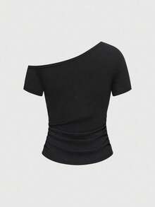 ROMWE Grunge Punk Áo thun Y2K Punk Kpop Cross Rivet Oblique Shoulder Fitted Solid Color Multi-Satile T-Shirt - màu đen - Xem 3