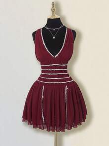 SHEIN ICON Damen Rotes Paillettenbesatz Geraffter Mehrlagiger Rüschen Saum Taillengegürtetes Party Minikleid - Rot - Übersicht 1