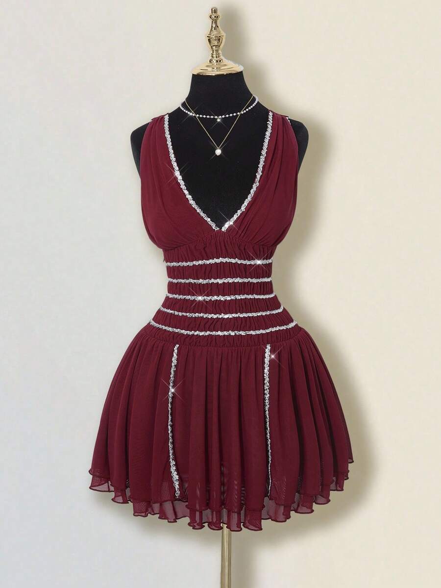 SHEIN ICON Damen Rotes Paillettenbesatz Geraffter Mehrlagiger Rüschen Saum Taillengegürtetes Party Minikleid - Rot - Übersicht 1
