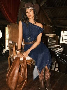 Easelle 休闲时尚不对称领口收腰女式牛仔连衣裙 - 深色水洗藍 - 查看 5