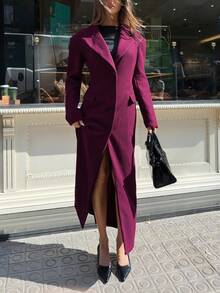Aloruh New Burgundy & Purple Versatile Extra Long Oversized Lapel Cinched Waist Overcoat, Halloween Fall Winter - Red Violet - View 6