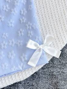 冬季服装、冬季套装、女婴冬季服装、秋季服装、万圣节、万圣节服装、圣诞节服装、女婴碎花圆领短袖T恤短裤可爱套装 - 淺藍色 - 查看 5