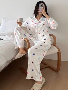 DAZY 女士可爱星星印花撞色滚边睡衣套装，秋冬服装 - 白色 - 查看 4