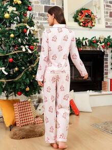 Conjunto de pijama rosa com estampa de boneco de gengibre listrado com tema natalino, aconchegante e elegante, ideal para o outono e inverno. - Rosa - Ver 2