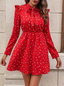 EMERY ROSE Vestido elegante de manga larga con cuello de corbata, hombros con parches, volantes en el bajo y estampado floral diminuto - Rojo - Ver 6