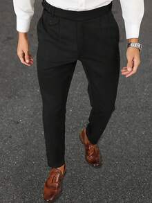 Manfinity Bizformal 男士纯色百搭商务通勤褶裥西装裤 - 黑色 - 查看 6
