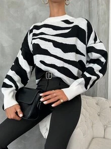 EURMUSE Plus Zebra Striped Pattern Drop Shoulder Sweater, For Winter - Black and White - View 4