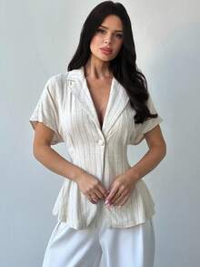 Firerie 女士休闲/办公室时尚新款棉麻条纹腰部短袖翻领衬衫，杏色 - 杏色 - 查看 5