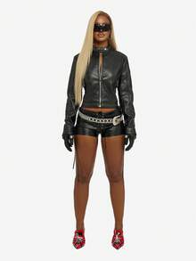 SUMWON WOMEN Studded Leather Motorcycle Jacket With Spike Bracelet Detail Retro Rock Punk Fashion Statement Fall Winter Biker Outerwear - Black - View 2