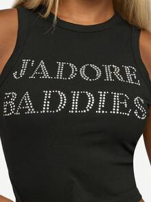 SUMWON WOMEN Áo ba lỗ không tay Rhinestone Baddies Crop màu đen đính đá nổi bật - màu đen - Xem 8