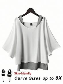 SHEIN CURVE+ Curves 大码/学校服装/返校服装/返校大码女式休闲两件套西装、背心和露肩上衣两件套西装、女式夏季两件套西装、外出上衣、女式夏季服装、露肩上衣、可爱上衣、可爱夏季上衣、大码女式上衣、女式夏季上衣、大码基本款上衣、宽松大码上衣、女式半袖上衣 - 彩色 - 查看 2