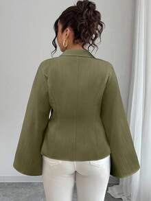 Elenzga Camisa de manga larga con botones y cintura para mujer, de unicolor y talla grande - Verde militar - Ver 2