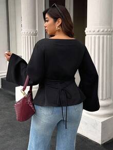 Easura Plus Size Solid Color Boat Neck Asymmetric Hem Elegant Bell Sleeve Blouse, Plus Size Black Tops Bell Sleeve Top Plus