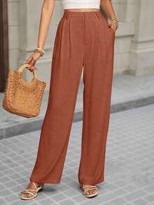 SHEIN VCAY 女士纯色高腰褶皱阔腿宽松休闲裤 - 鏽棕色 - 查看 3
