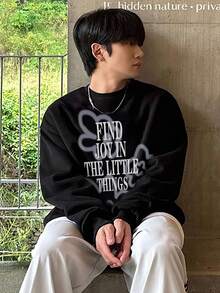 DAZY Men's Floral Print Thermal Lined Pullover Sweatshirt, Autumn/Winter - Black - View 5