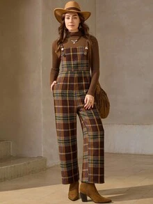 Wildy 波西米亚风休闲美式西部乡村格子背带裤，新款秋冬街头时尚连体裤 - 彩色 - 查看 3