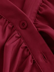 SHEIN MOD 女士V领荷叶边喇叭袖衬衫，收腰设计，酒红色长袖衬衫，女巫风，纽扣衬衫，演唱会女装，嬉皮风，海盗风上衣 - 酒紅色 - 查看 3