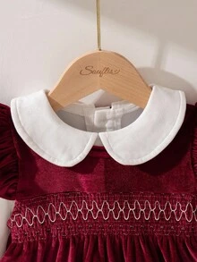 Souflis Souflis 两件套：优雅的勃艮第天鹅绒连衣裙和白色长袖 T 恤，复古法式风格，适合派对、聚会、2025 年秋冬、婴儿和女婴 - 酒紅色 - 查看 5