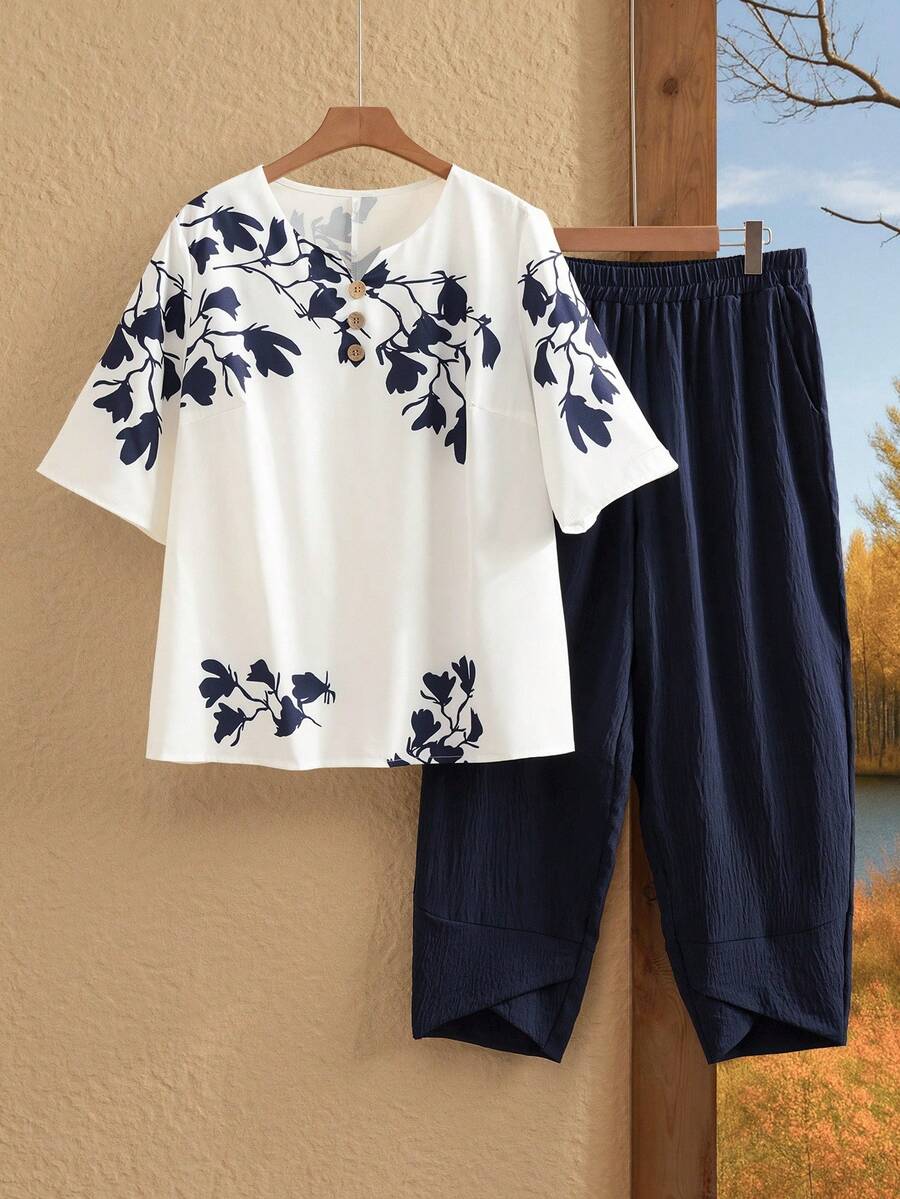 EMERY ROSE Bộ 2 áo sơ mi và quần dài phong cách đơn giản, thường ngày, cỡ lớn cho nữ, mặc hàng ngày, phong cách phương Tây - Xanh và trắng - Xem 1