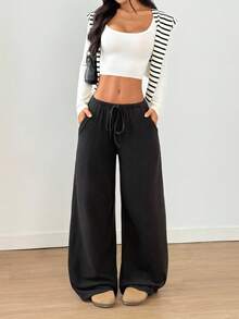 SHEIN PETITE 1pc Women's Black Thick Knit Elastic Waist Drawstring Pocket Casual Pants, Winter