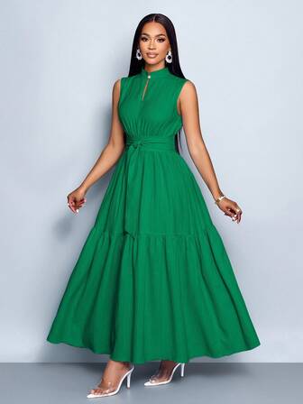 SOLERSUN Blue Color Stand Collar Front Cut Out Sleeveless Cinched Waist Tie Knot Dress Women Elegant Casual Fashion Commuter