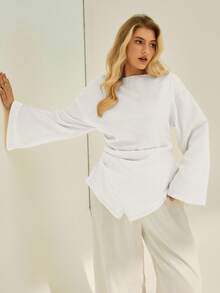 Auralis Plus Size Women Boat Neck Flare Sleeve Loose Fashion Top Bell Sleeves