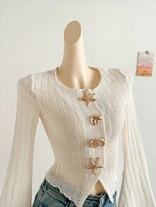 Soleia 全新休闲度假西部海滩婚礼宾客服装、毕业早午餐、圣帕特里克节、春假、复活节、音乐节、优雅波西米亚热带金属装饰黑白条纹纹理喇叭袖女式 T 恤 - 杏色 - 查看 3