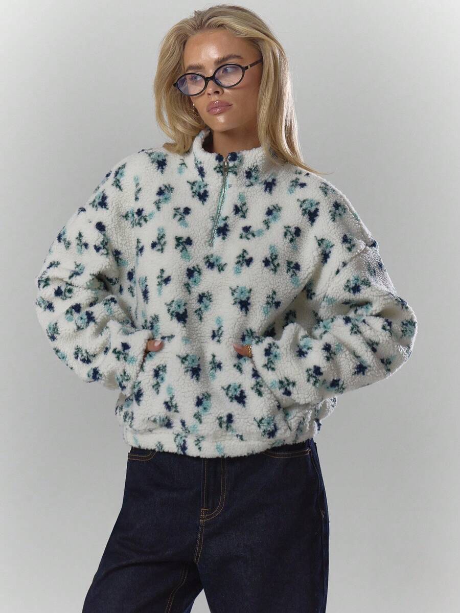 MUSERA Áo khoác nỉ dài tay in hoa, khóa kéo nửa thân, ấm áp, dễ thương, phong cách thường ngày, thích hợp cho quán cà phê hoặc câu lạc bộ mùa đông. - Nhiều màu - Xem 1