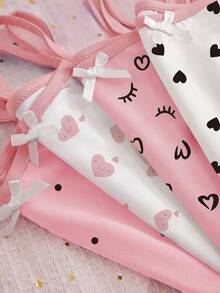 8pcs/Set Young Girls' Pink & White Sweet Heart Lash Print Camisole Bra And Shorts Set - Multicolor - View 3