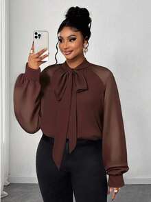 Maweii 棕色雪纺系领优雅简约休闲宽松时尚百搭日常穿搭小众设计外搭/内搭大码女式衬衫，春/秋/冬 - 咖啡棕 - 查看 1