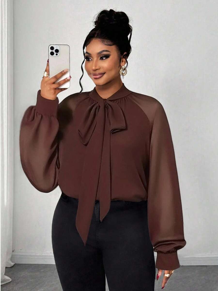 Maweii 棕色雪纺系领优雅简约休闲宽松时尚百搭日常穿搭小众设计外搭/内搭大码女式衬衫，春/秋/冬 - 咖啡棕 - 查看 1