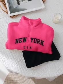 SHEIN Baby Girls' Cute Letter Print Thermal Lined Stand Collar Sweatshirt And Elastic Waist Pants Set, Autumn/Winter - Multicolor - View 7