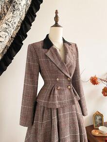 Vintamour 复古优雅女士套装，两件套带口袋，格子拼接，双排扣，A 字裙，秋冬休闲/工作/度假 - 棕色 - 查看 8