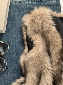SHEIN EZwear Áo khoác mùa đông không tay giả lông thú phong cách cổ điển sang trọng dành cho nữ, phù hợp với quần jeans nữ, ấm áp cho mùa thu và đông. - Màu nâu  Mocha - Xem 4