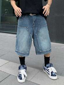 Manfinity EMRG 休闲宽松纽扣口袋阔腿男士牛仔短裤 - 藍色 - 查看 4