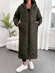 EURMUSE Women Zip-Up Solid Color Long Sleeve Casual Hooded Winter Jacket - Hijau Tentara - View 4