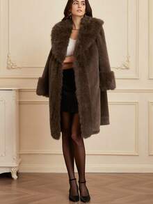 Revavyn Fashionable Solid Color Chic Minimalist Design Lapel Faux Fur Jacket, Slimming And Elegant - Brown - View 2