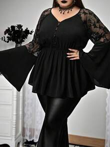 SHEIN CURVE+ Plus-Size Women's Black Long-Sleeved Lace-Spliced Solid-Color Top, Black Shirt/Autumn /Winter Halloween - Black - View 1