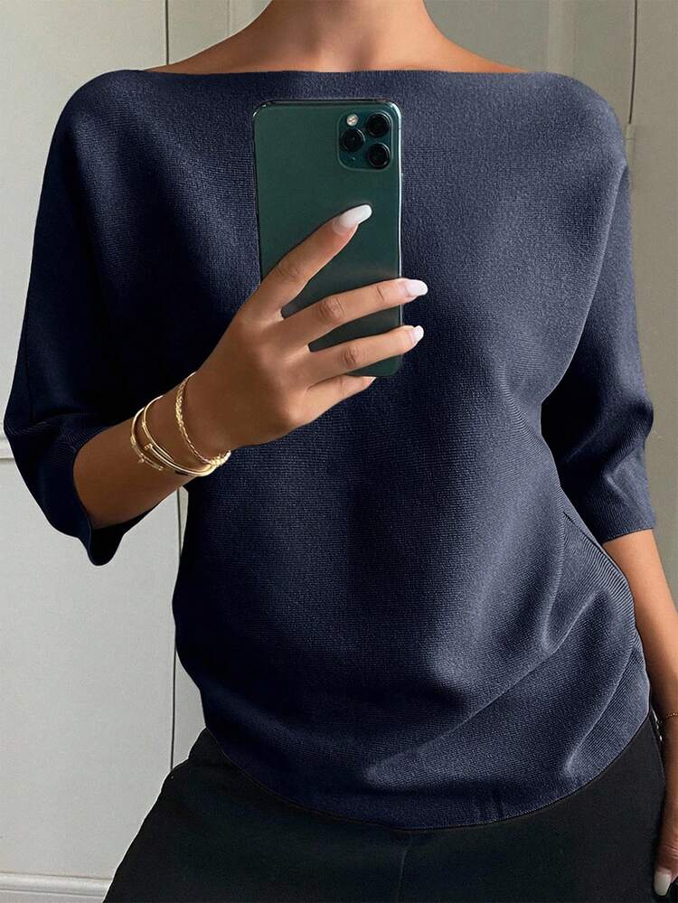 Women's Solid Color Fitted Boat Neck Half Sleeve Casual Elegant Knit Top, Autumn/Winter