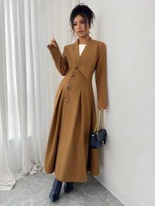 Elenzga Áo khoác blazer dài cổ bẻ, viền loe bất đối xứng dành cho nữ, thích hợp cho các buổi đi chơi mùa thu/đông, hẹn hò, đi làm, công sở, phong cách Pháp thanh lịch - màu nâu - Xem 6