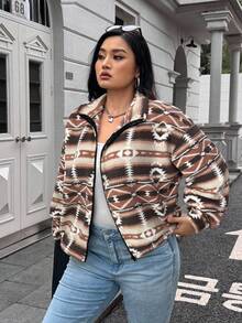 Muchica Plus Size Women's Casual Zipper Multi-Color Short Jacket In Fall/Winter - Multicolor - View 3
