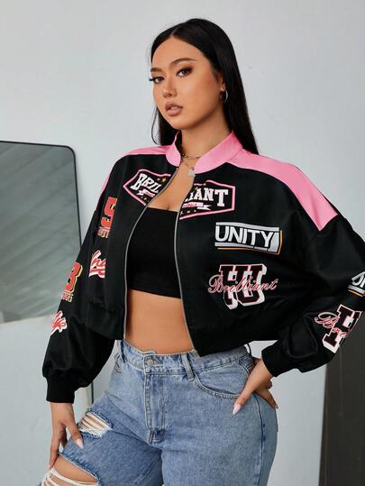 SHEIN EZwear Chaqueta con cremallera de manga larga y bloques de color para mujer de talla grande en otoño/invierno