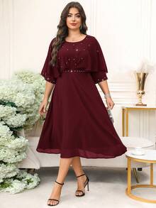 SHEIN Clasi Váy choàng đính đá trang trí thanh lịch cỡ lớn dành cho nữ, mùa hè - Màu Đỏ Sâu - Xem 9