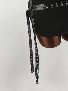 Y2K Amplova 女士 Oktoberfest PU 皮革拼接不对称上衣和性感吊带超低腰迷你裙两件套黑色夜店装 Y2K 两件套黑色两件套 - 黑色 - 查看 12