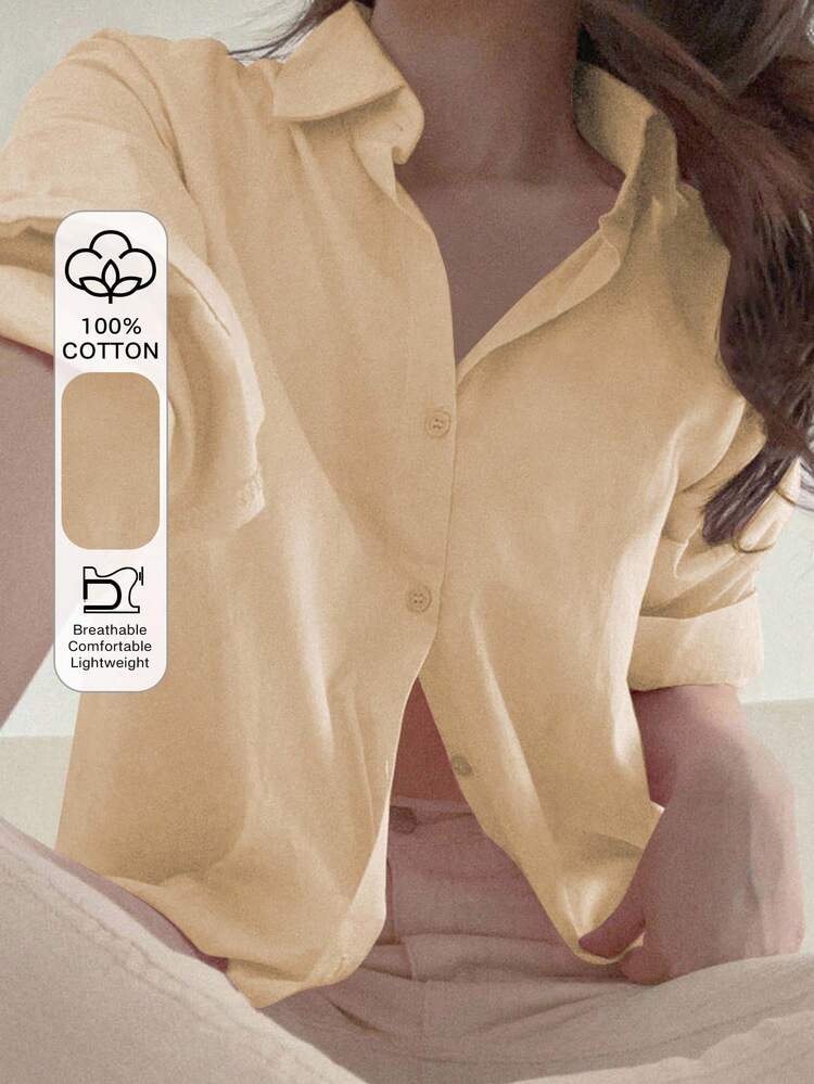 Women's Loose Fit Plain Long Sleeve Single-Breasted Casual Shirt
