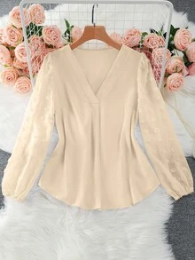 Franclia 女式V领纯色褶皱长袖优雅时尚衬衫 - 杏色 - 查看 3